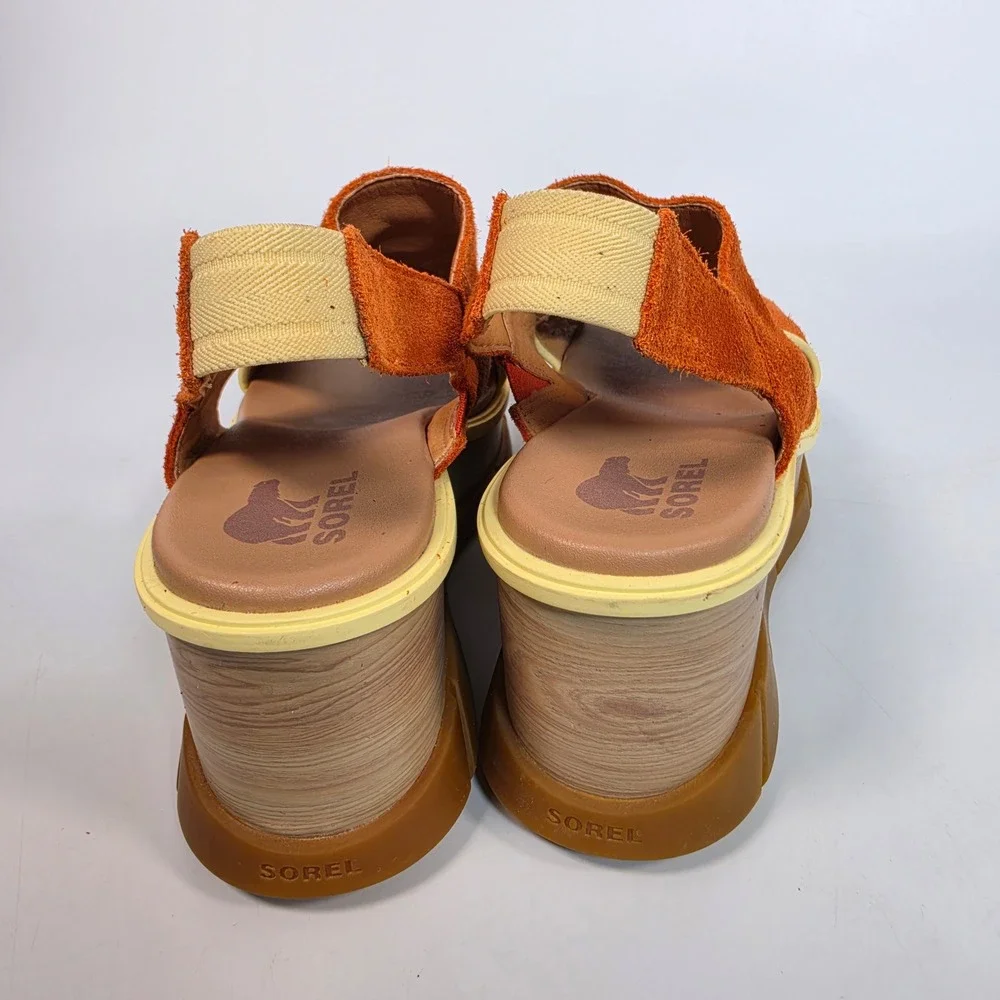 SOREL Joanie III Slingback Wedge Sandals Women's 8.5 Orange Suede Chunky Retro